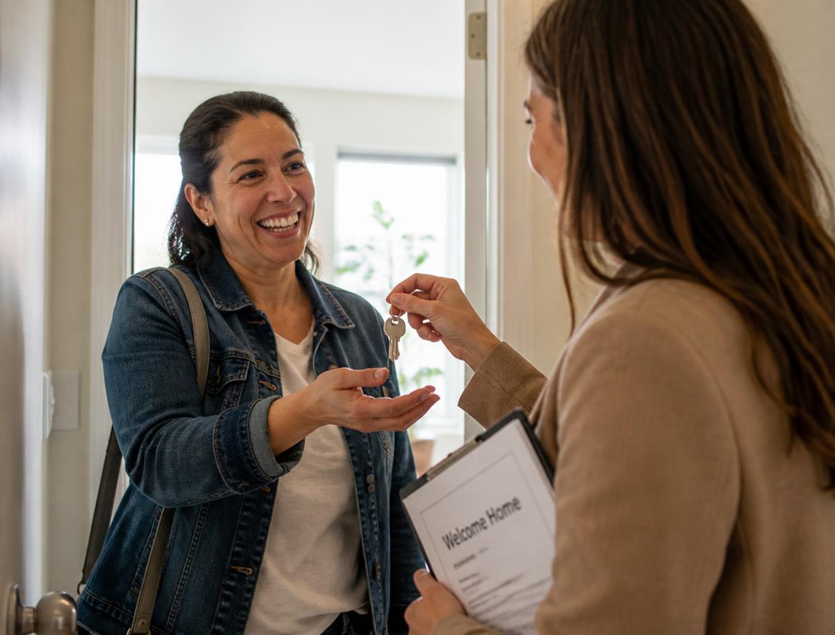 A housing advocate handing apartment keys to a person moving into a new home